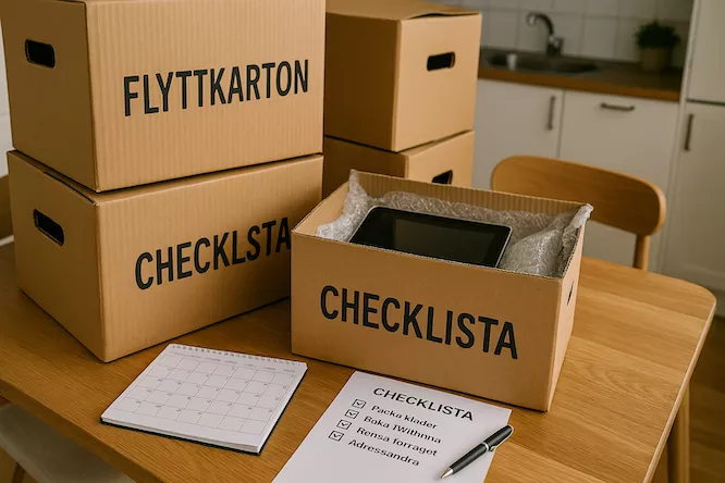 "Flyttkartonger, kalender och checklista på ett köksbord – symboliserar planering i god tid för att undvika flyttkaos och stress under flyttdagen"