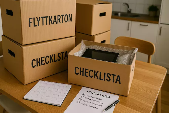 "Flyttkartonger, kalender och checklista på ett köksbord – symboliserar planering i god tid för att undvika flyttkaos och stress under flyttdagen"
